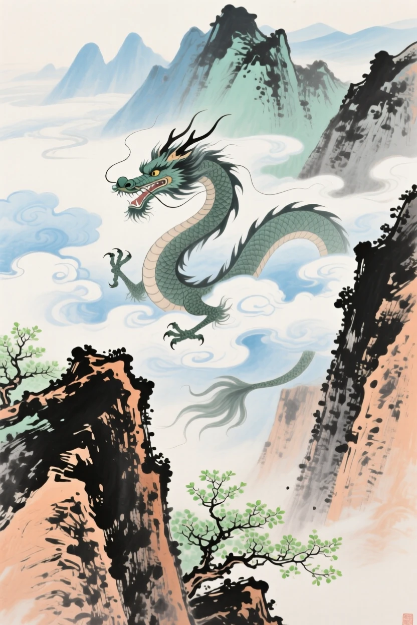 A celestial dragon coiling through clouds above a jagged mountain range, in early spring, conveying a deep sense of harmony with nature.