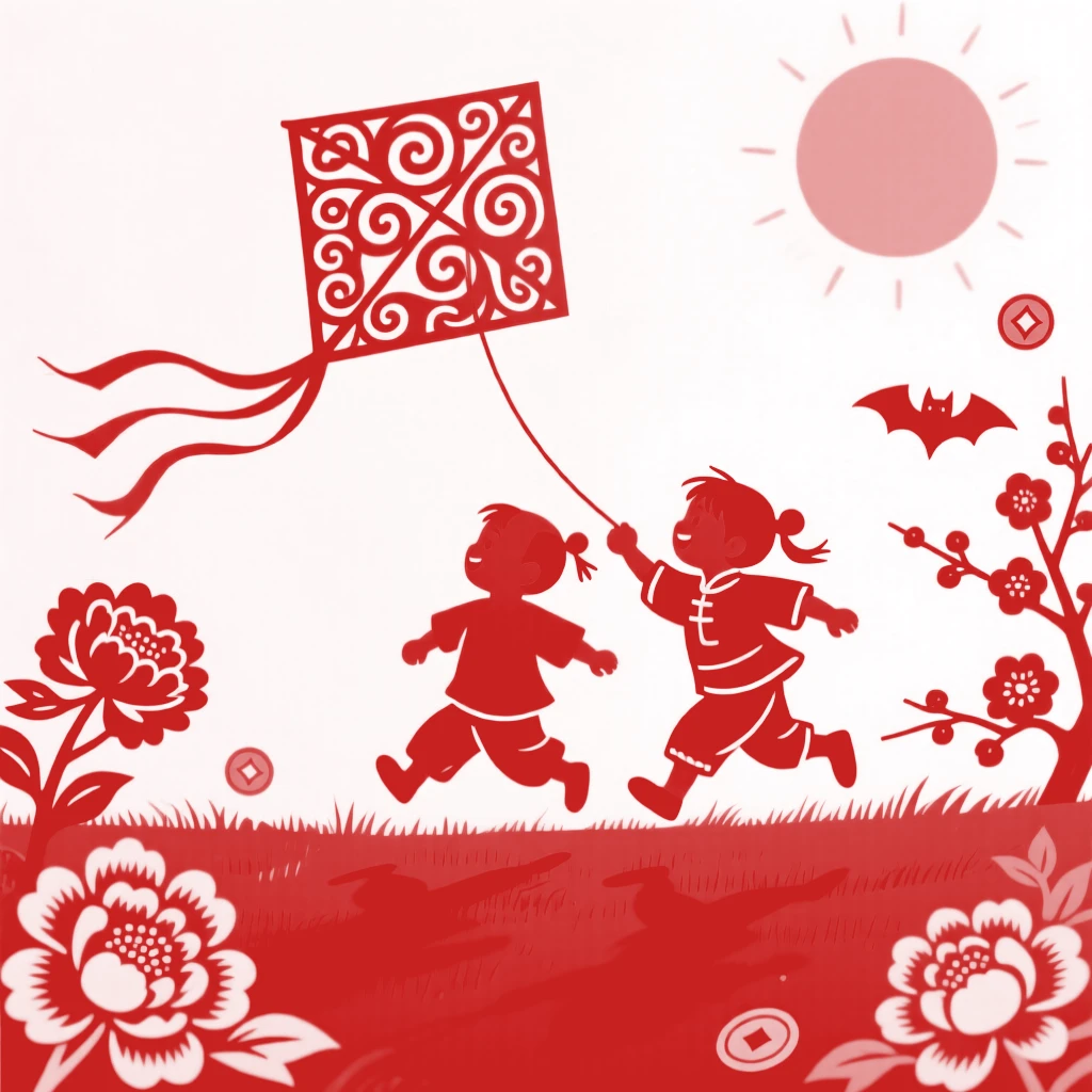 A pair of young siblings, chasing a paper kite across an open field, a warm afternoon sun casting long gentle shadows.