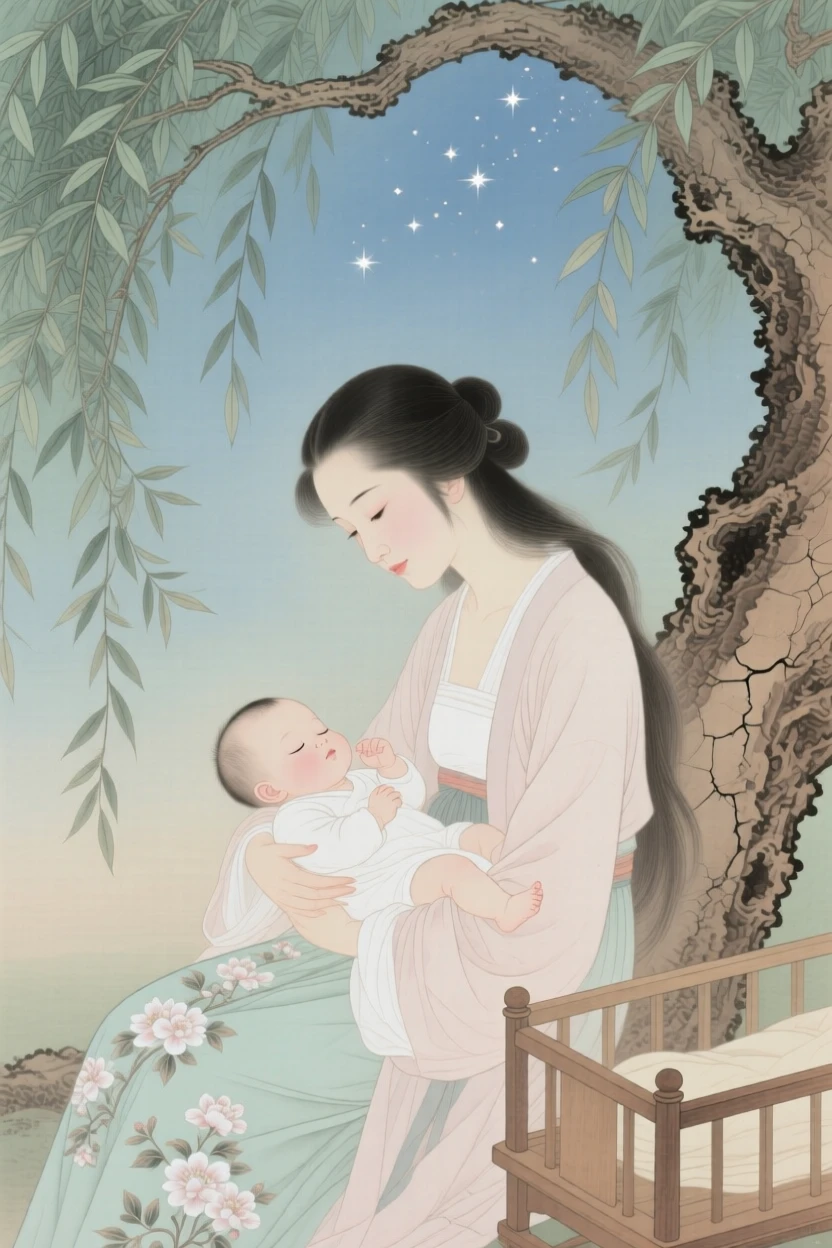 A young mother humming a lullaby while rocking her baby beneath a willow tree, under a sky filled with the first stars of evening