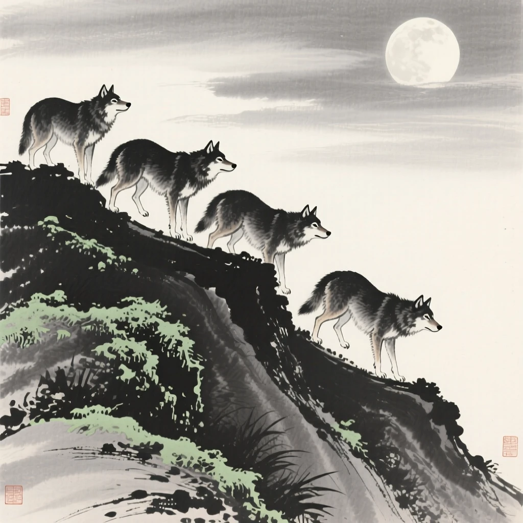 A pack of wolves climbing a steep, moss-covered slope in a moonlit clearing, framed low to the ground for an intimate, close perspective, suggesting calm alertness within a peaceful world.