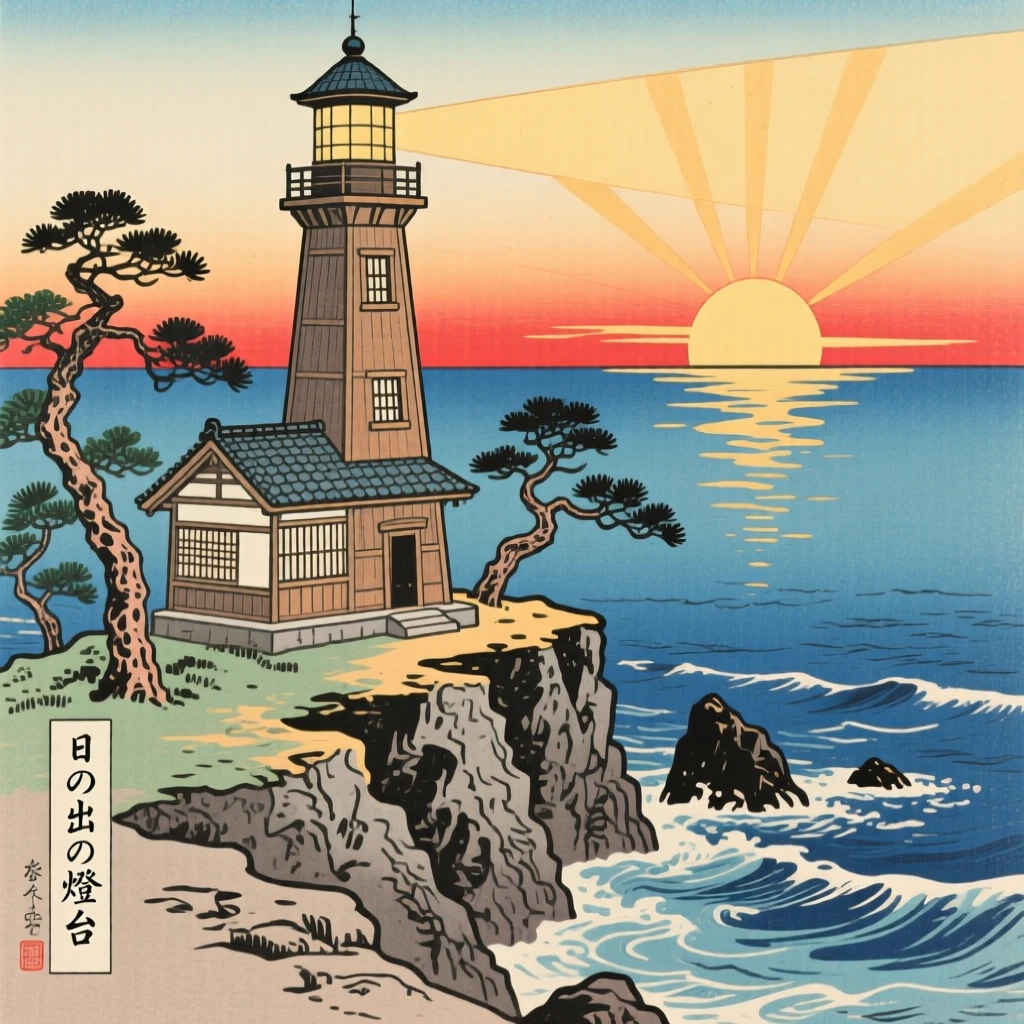 A lighthouse on a stony point under a brilliant sunrise, at sunrise.