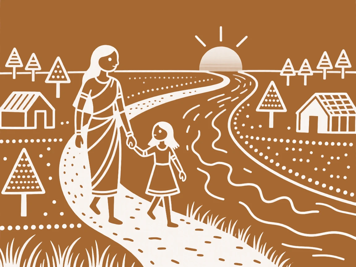 A mother and her grown daughter walking hand in hand along a village path beside a river at dusk.