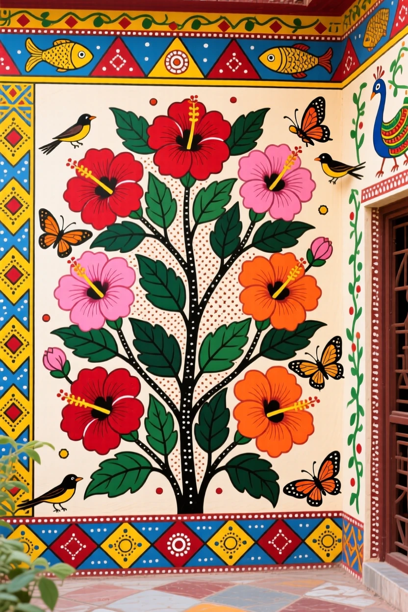Hibiscus flowers blooming brightly along a courtyard wall.