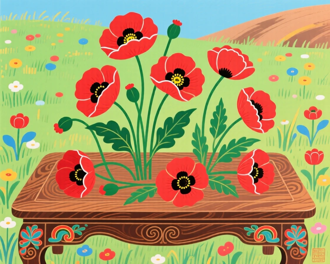 A still arrangement of poppies swaying in a meadow scattered across a low wooden table.