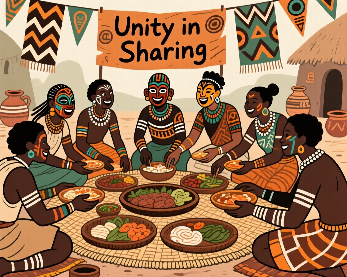A village celebration with food shared among neighbors.