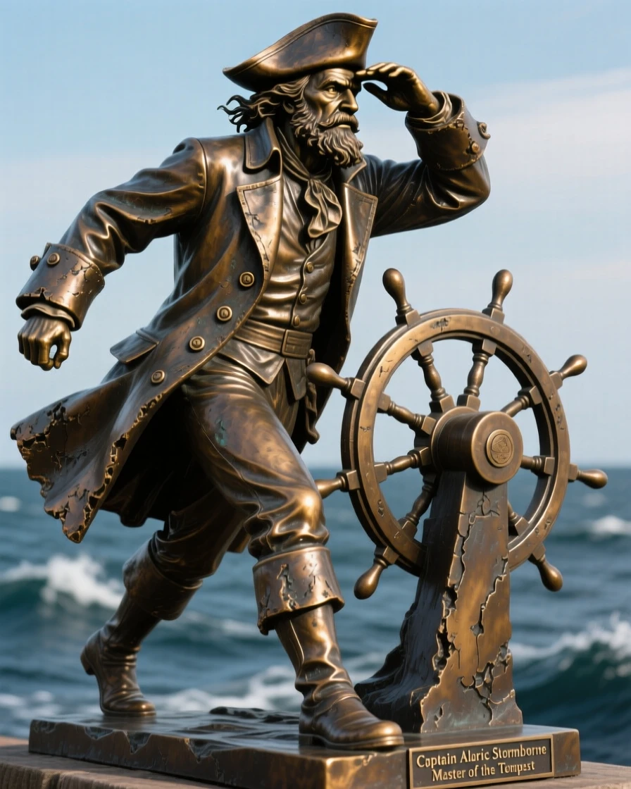 A weathered sea captain, captured in dramatic, dynamic motion, forming a strong central focal point