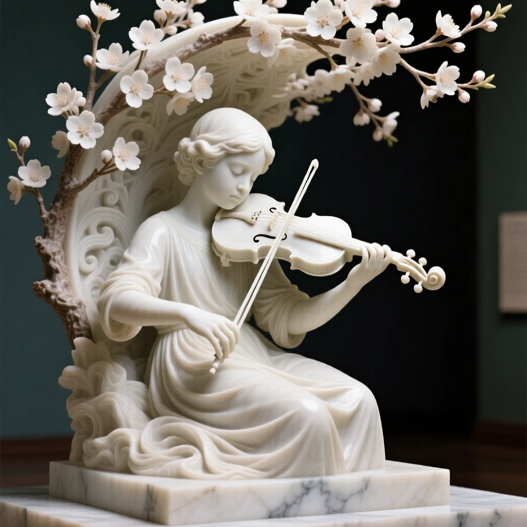 A tender portrait of a young violinist, lost in quiet contemplation, beneath cherry blossoms in full bloom, evoking warmth and humanity