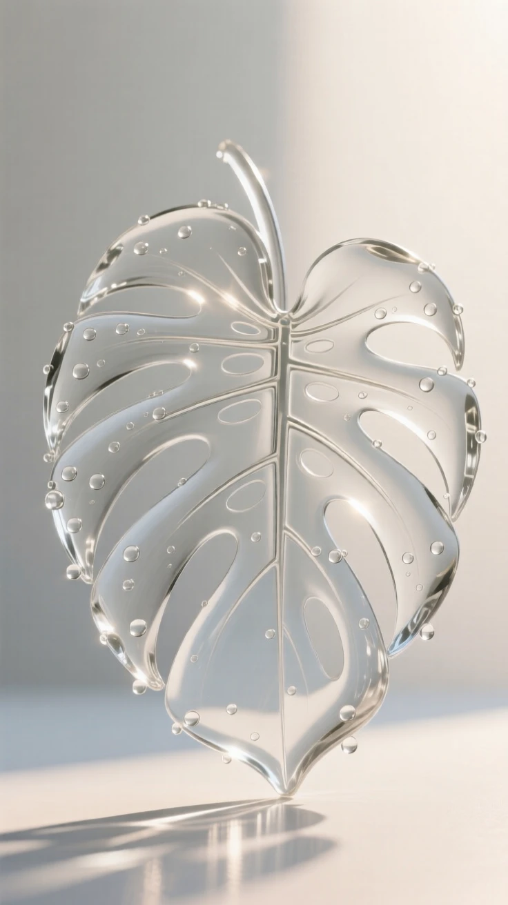 A monstera leaf with dramatic cuts, backlit by soft morning sunlight, dew drops clinging to the petals, composition centered and intimate, evoking freshness and calm.