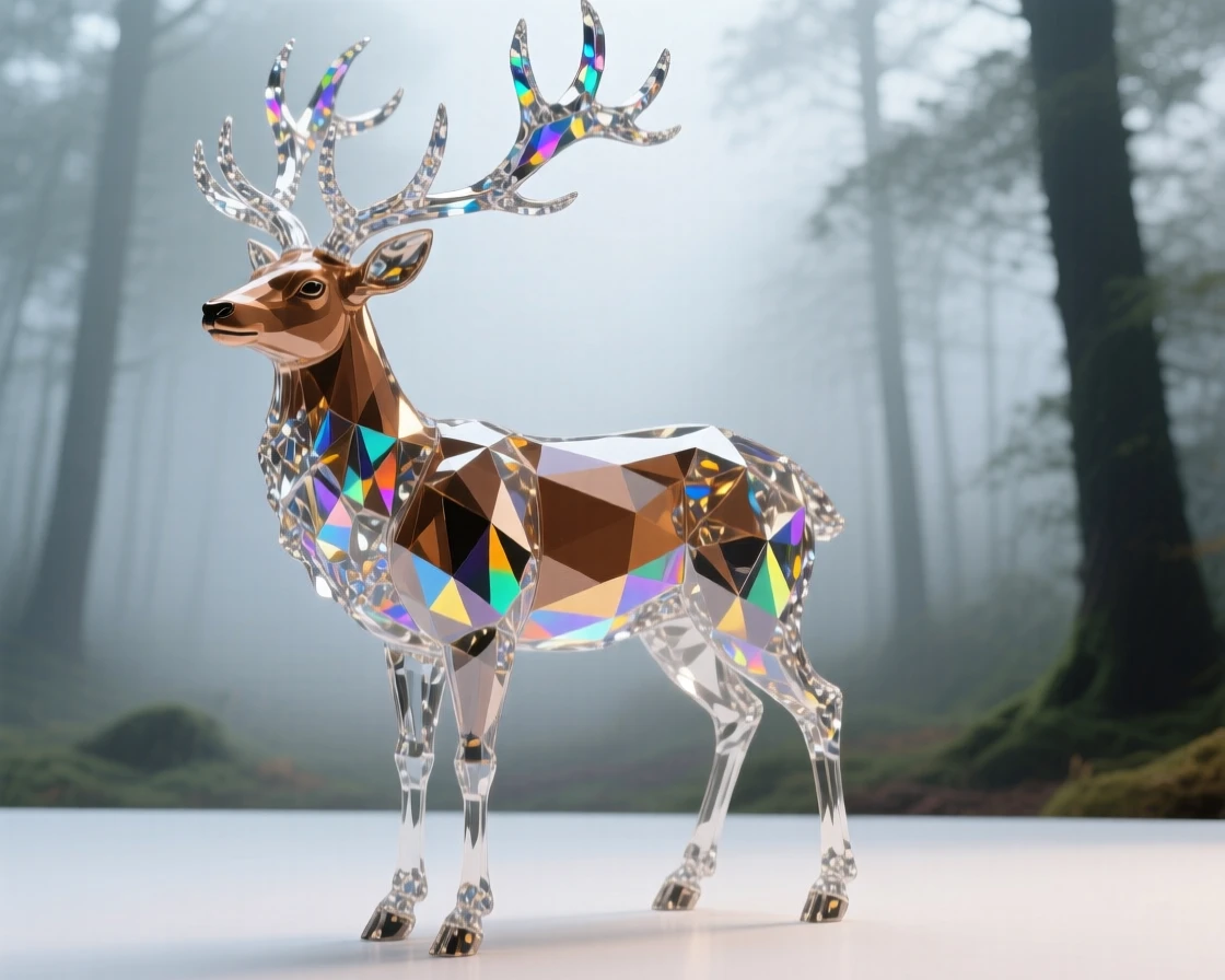 A stag with a magnificent antler rack standing in misty morning forest light.