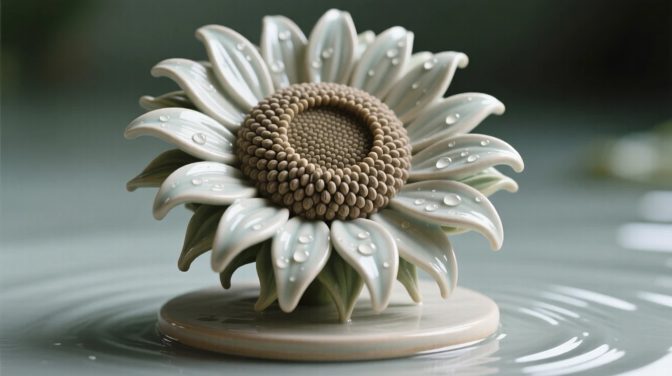 A single sunflower head heavy with seeds resting delicately atop still water, with dew glistening on each petal, radiating freshness and natural elegance.