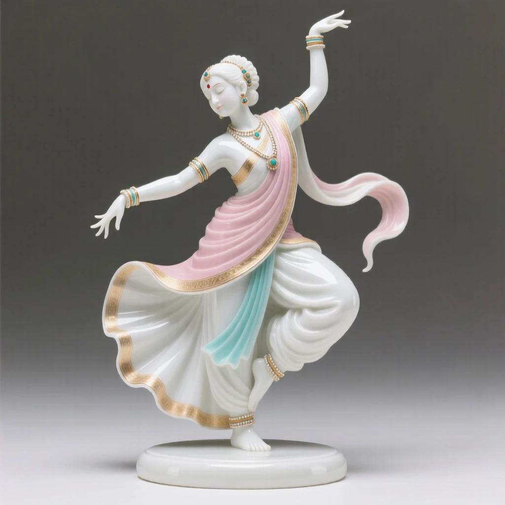 A graceful classical Indian dancer caught in the middle of a slow pirouette, captured at the peak of the motion.