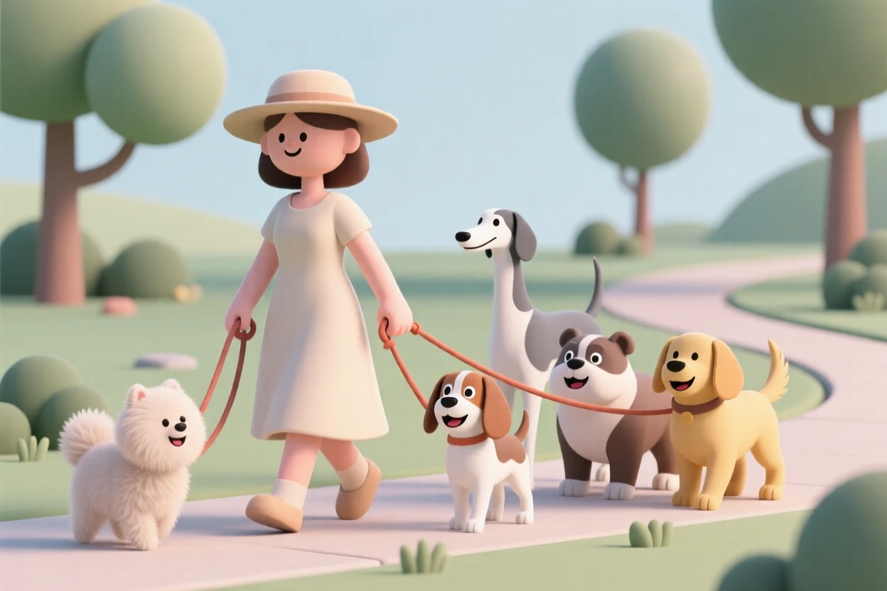 A gentle dog walker strolls through a park with five happy leashed dogs of different breeds trotting beside her.