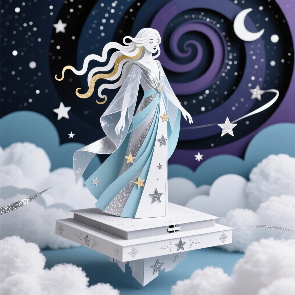 A celestial goddess draped in starlight standing atop a floating platform above the clouds, galaxies swirling in the sky behind her, capturing divine grandeur.