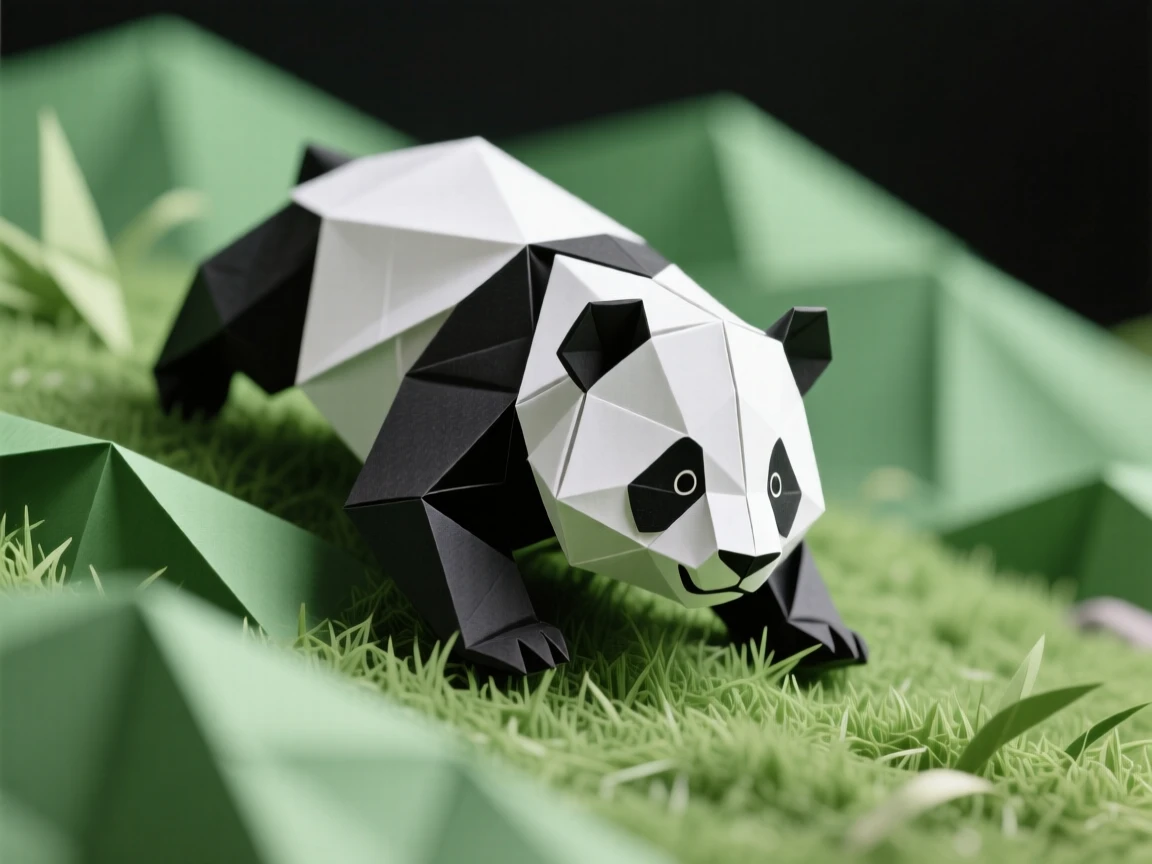 A baby panda rolling down a gentle grassy hill, tumbling in a blur of black and white.