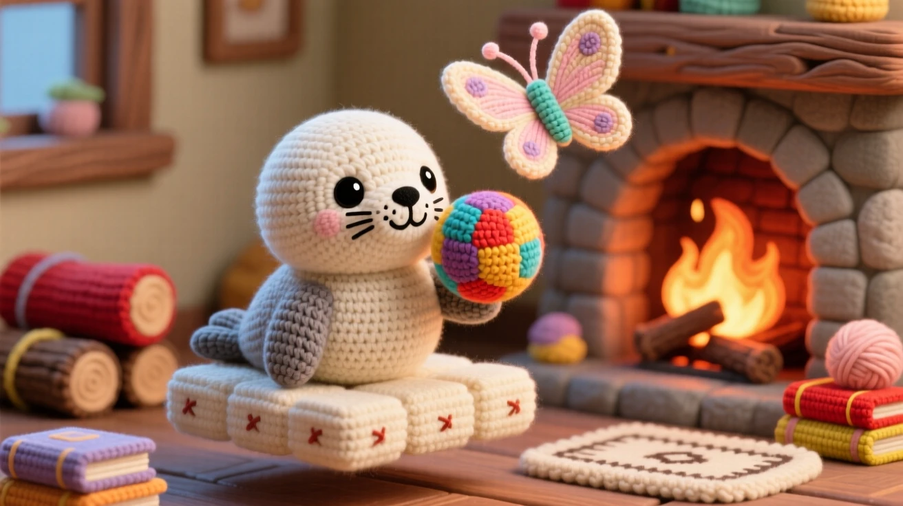 a round baby seal balancing a ball, with a delighted expression, performing a small trick on a floating platform, set in a cozy nook beside a crackling fireplace, with a single fluttering butterfly overhead, evoking warm affection and comfortable belonging.