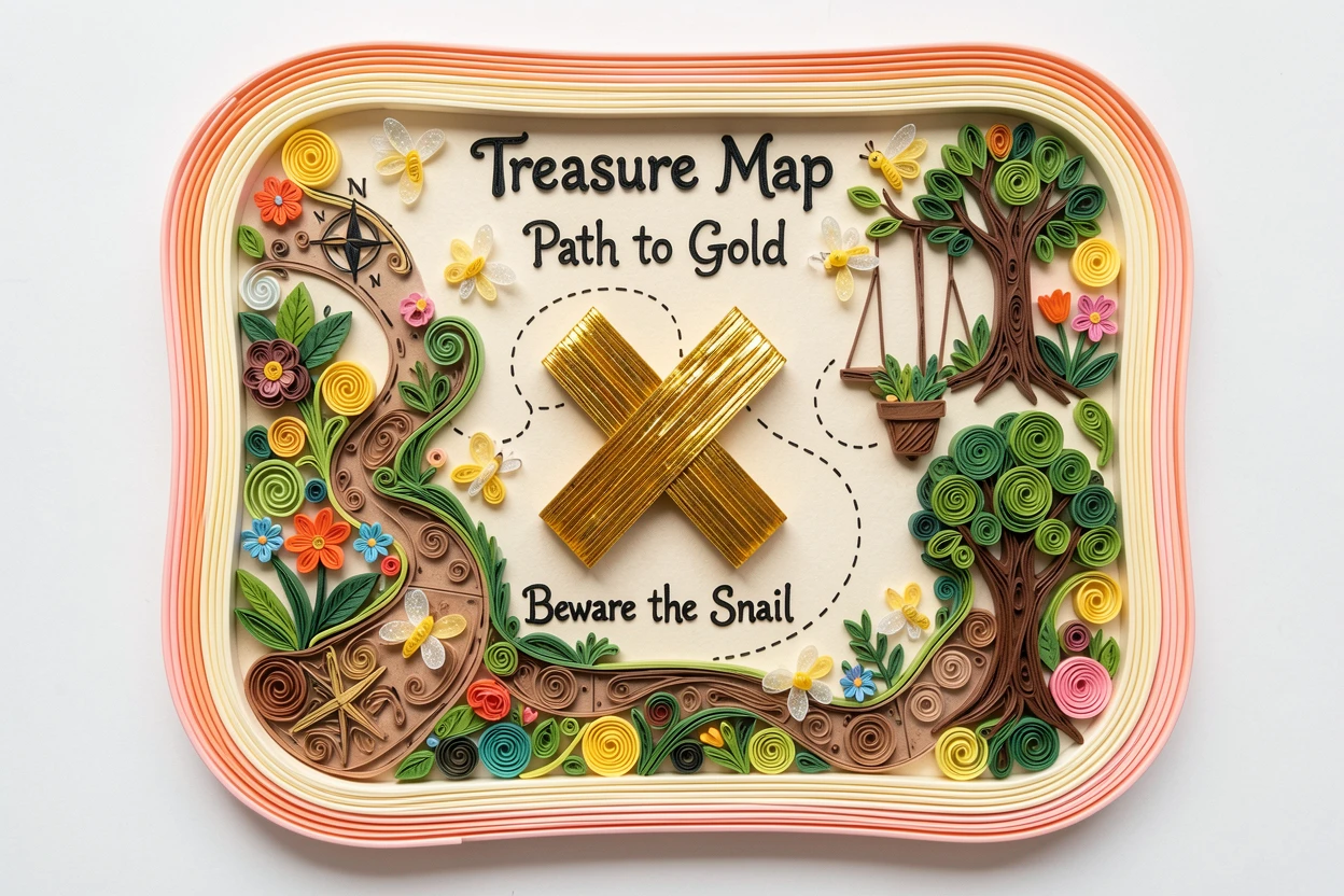 a child's treasure map leading to an X marked in gold, in an enchanted backyard garden, framed with soft rounded borders like a picture book page, with tiny glowing fireflies scattered about.