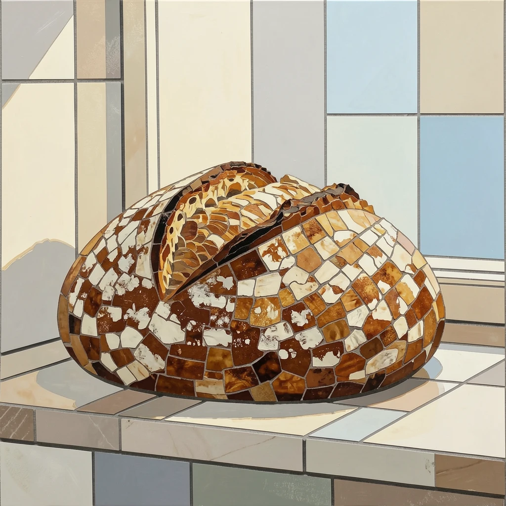 A close-up gourmet food photograph of a rustic loaf of freshly baked sourdough bread cooling on a windowsill, with rich color and inviting texture.