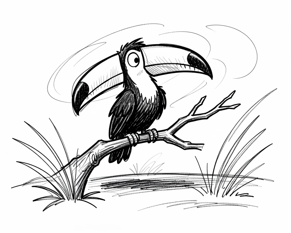 A toucan perched on a branch on a windswept tundra.