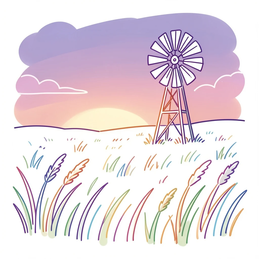 A prairie at dusk with a lone windmill silhouetted against a purple sky.