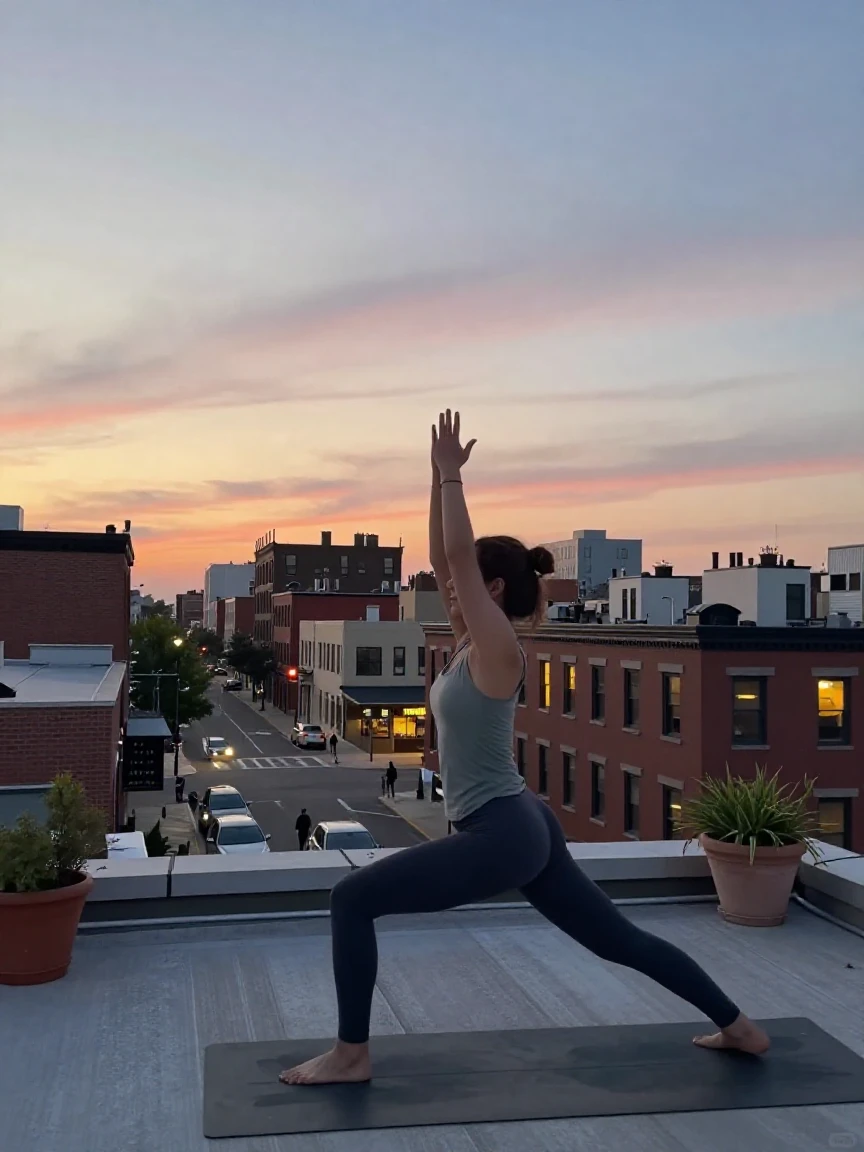 A woman practices yoga on a rooftop as the city wakes up below her.