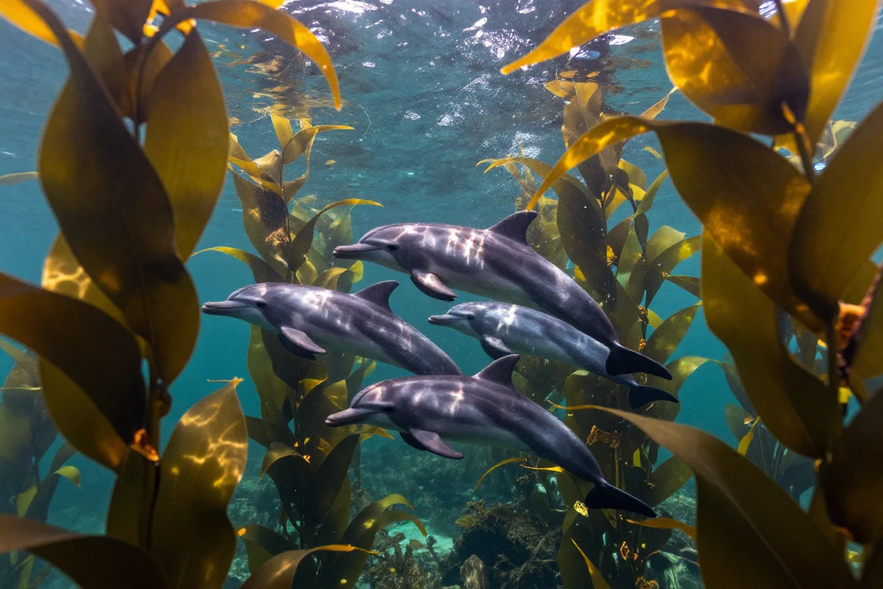 A group of dolphins playing near the surface drifting quietly in the dappled light of a kelp forest