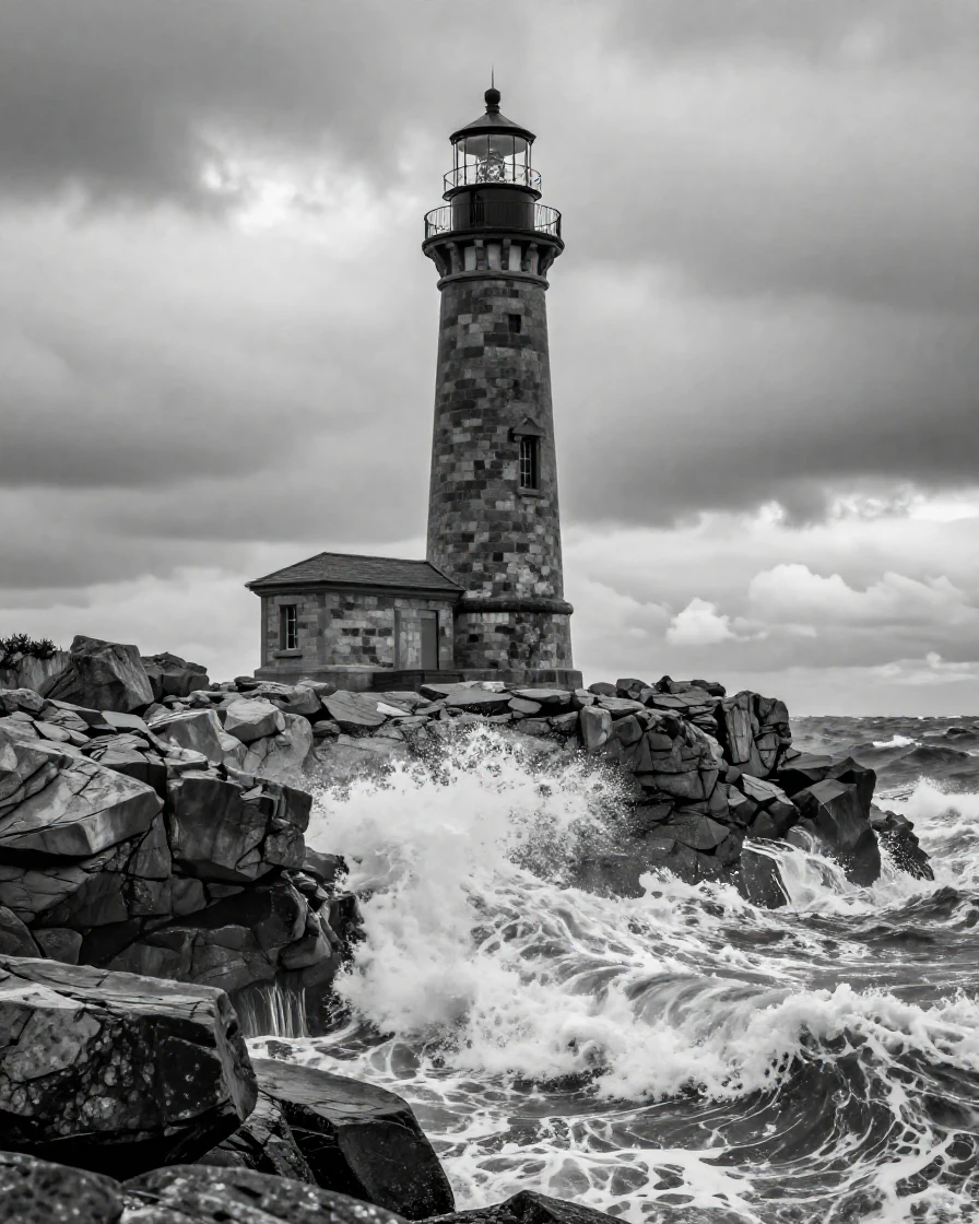 A lighthouse stands alone against crashing waves on a rocky headland.