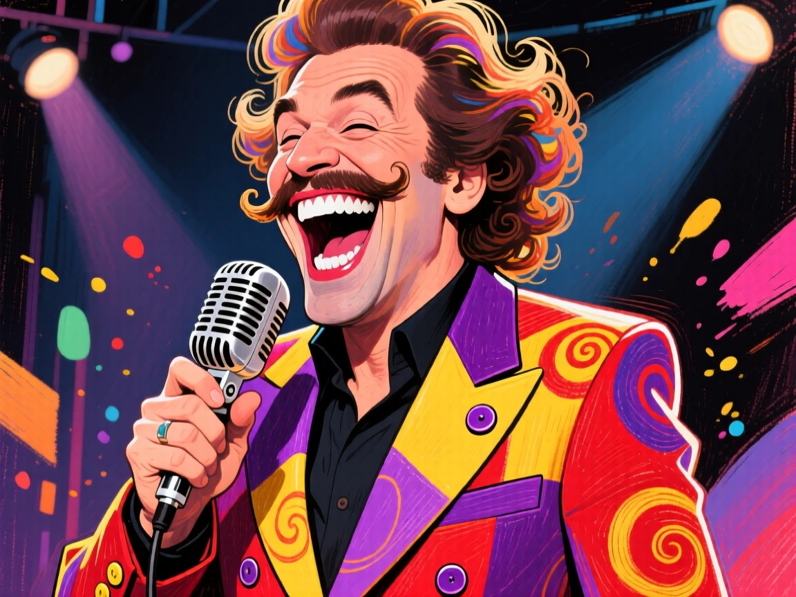 A flamboyant fictional talk-show host mid-laugh, microphone in hand, colorful suit jacket.