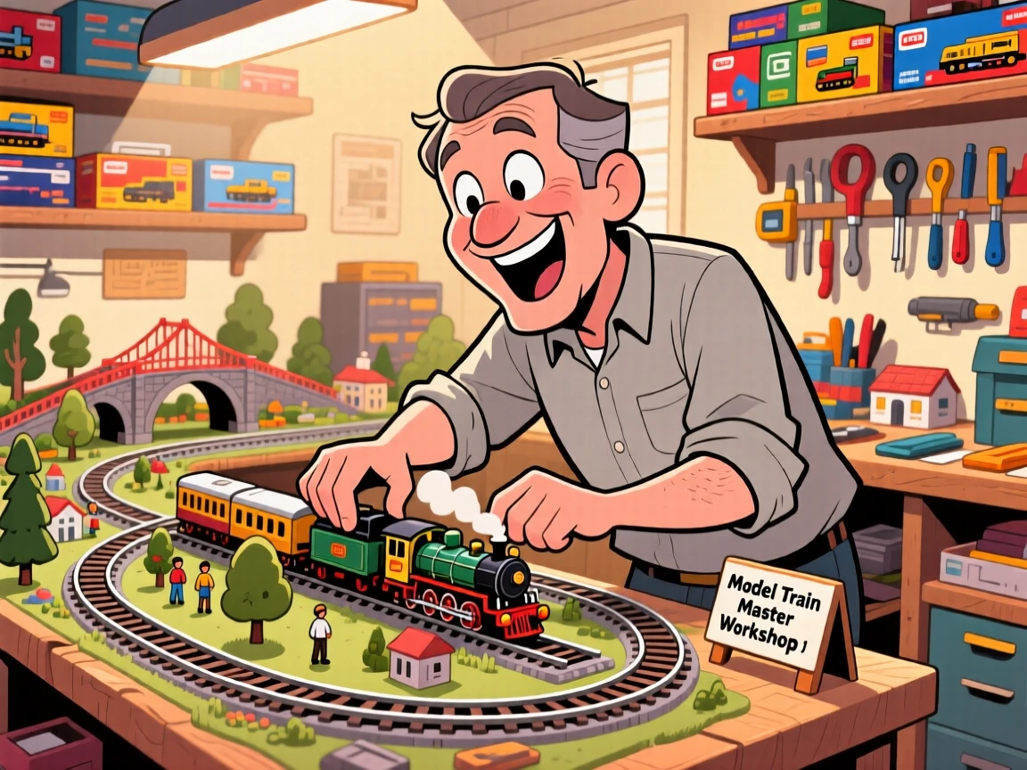 An everyday-life snapshot of an enthusiastic model train hobbyist adjusting a tiny locomotive on an elaborate track.