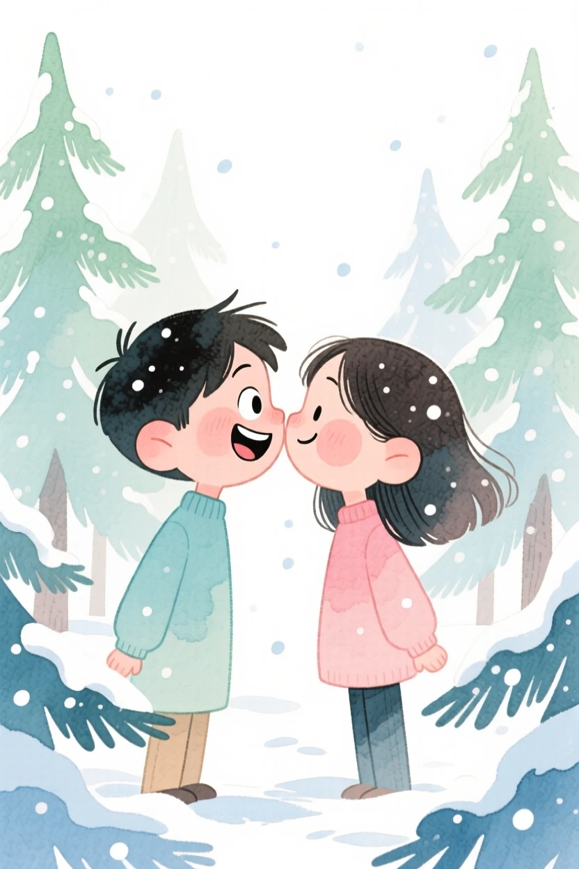 Two best friends turned sweethearts nose to nose laughing in a snowy pine forest