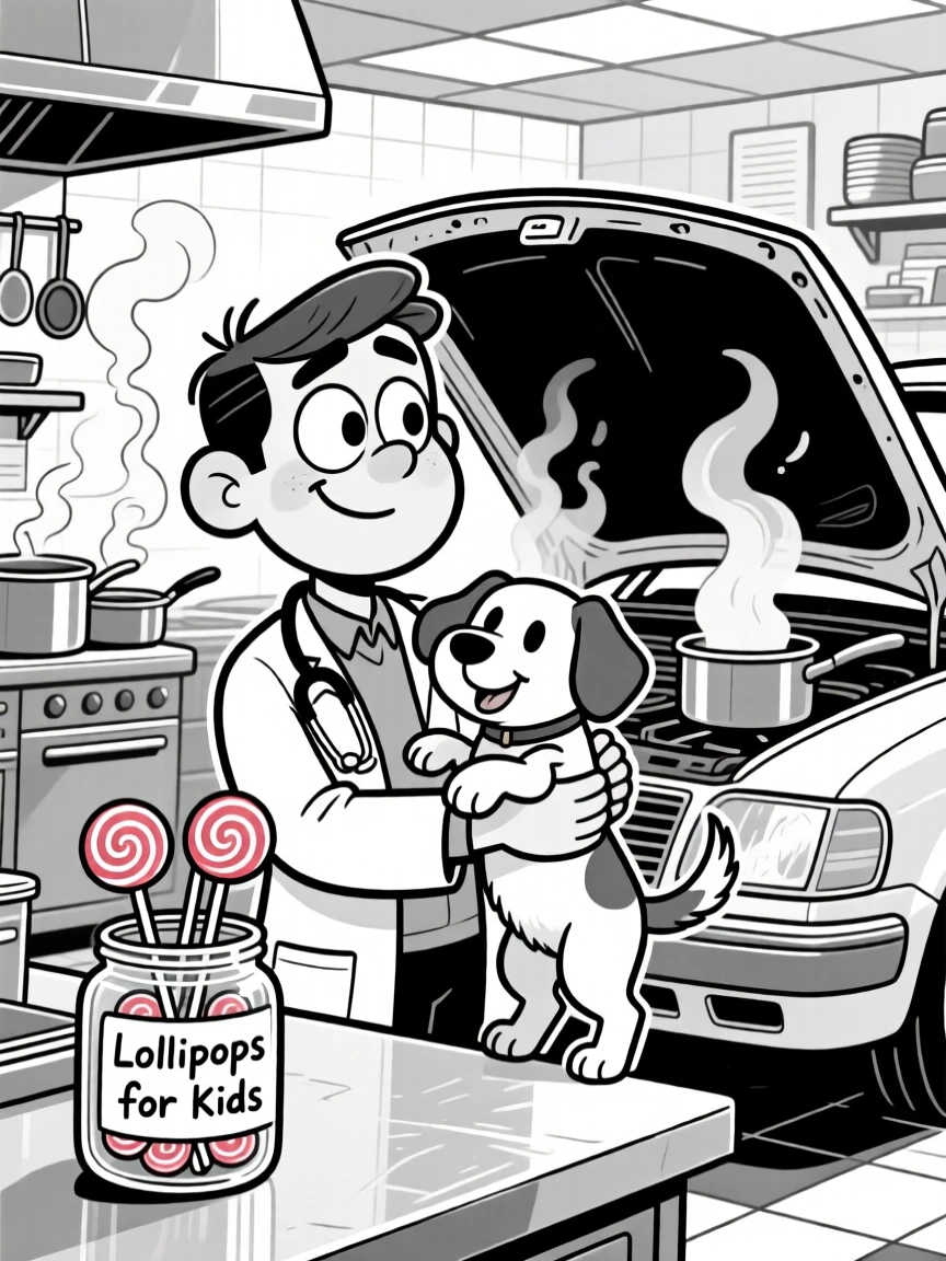 A dedicated veterinarian cradling a wiggly puppy, peering suspiciously under the hood of a car, set in a bustling restaurant kitchen filled with steam. A jar of lollipops sits on the counter for kids. It feels like a warm nod to the people who keep the world running.