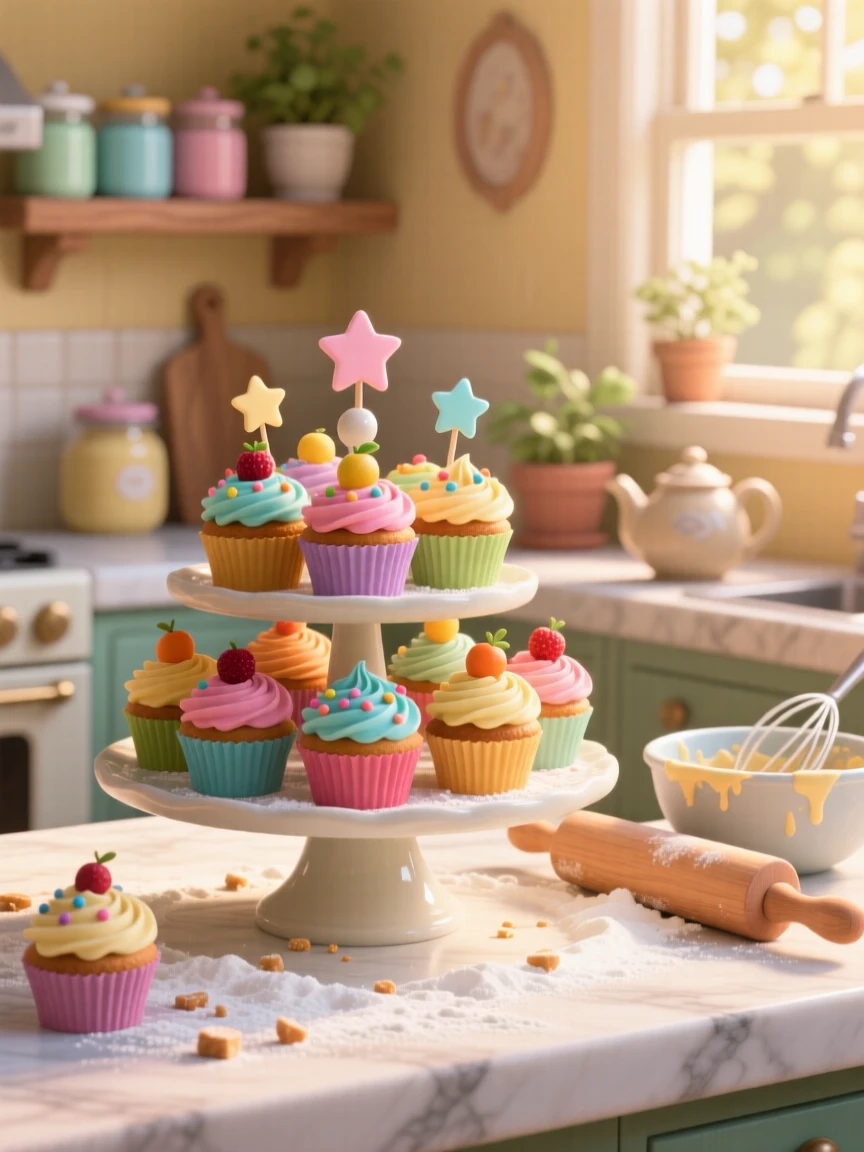 A tiered display of colorful cupcakes sits on a marble kitchen counter dusted with flour, with a few crumbs scattered artfully around. The setting feels relaxed and satisfying.
