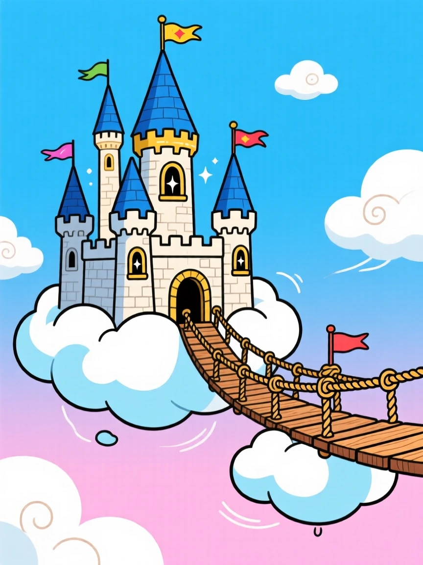 A castle floating among the clouds, connected by a rope bridge.