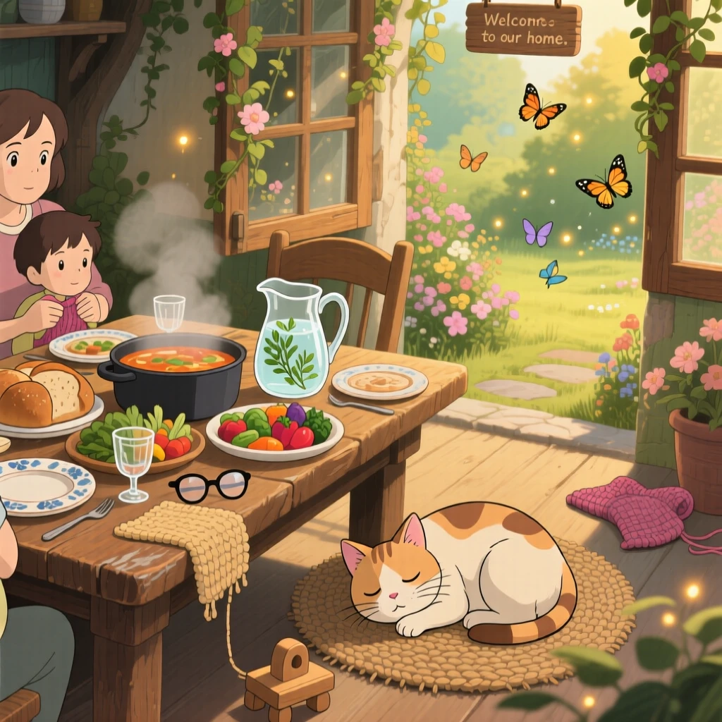 A warm, inviting scene of a rustic dinner table set for a family gathering, with a cat dozing beside the display.