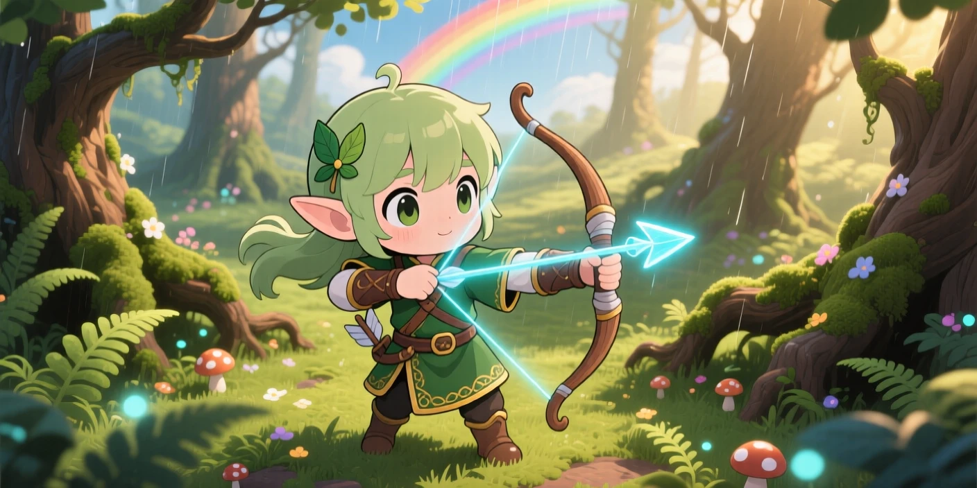 An elf archer nocking a glowing arrow with focused calm, framed as a high aerial view within an ancient enchanted forest, under a rainbow after the rain, glowing under soft golden-hour sunlight, evoking wide-eyed wonder.