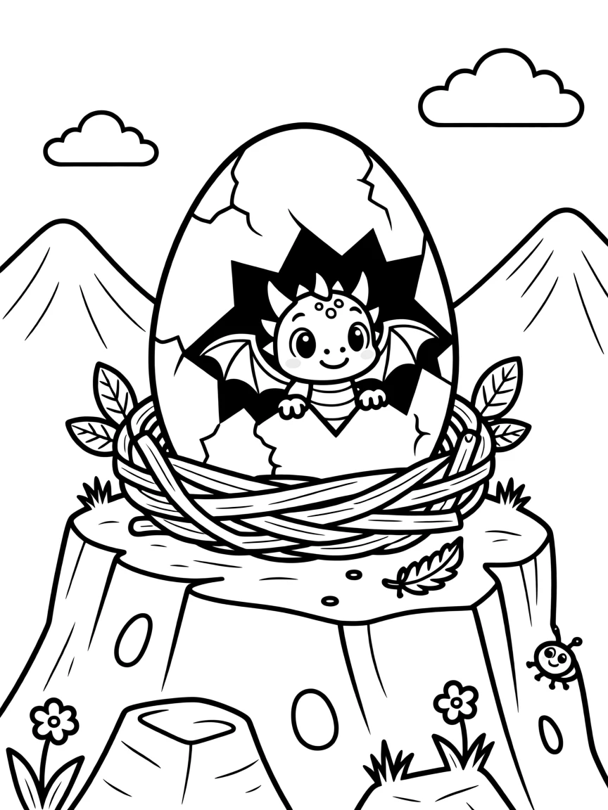 A dragon egg hatching in a nest on a mountain ledge