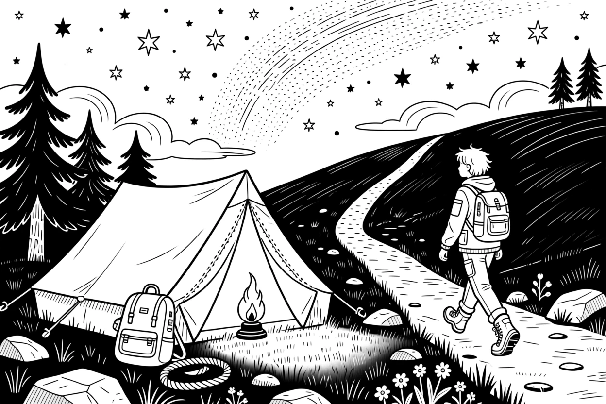 A tent glowing from lantern light beneath a starry sky, with a distant figure hiking along a ridge.