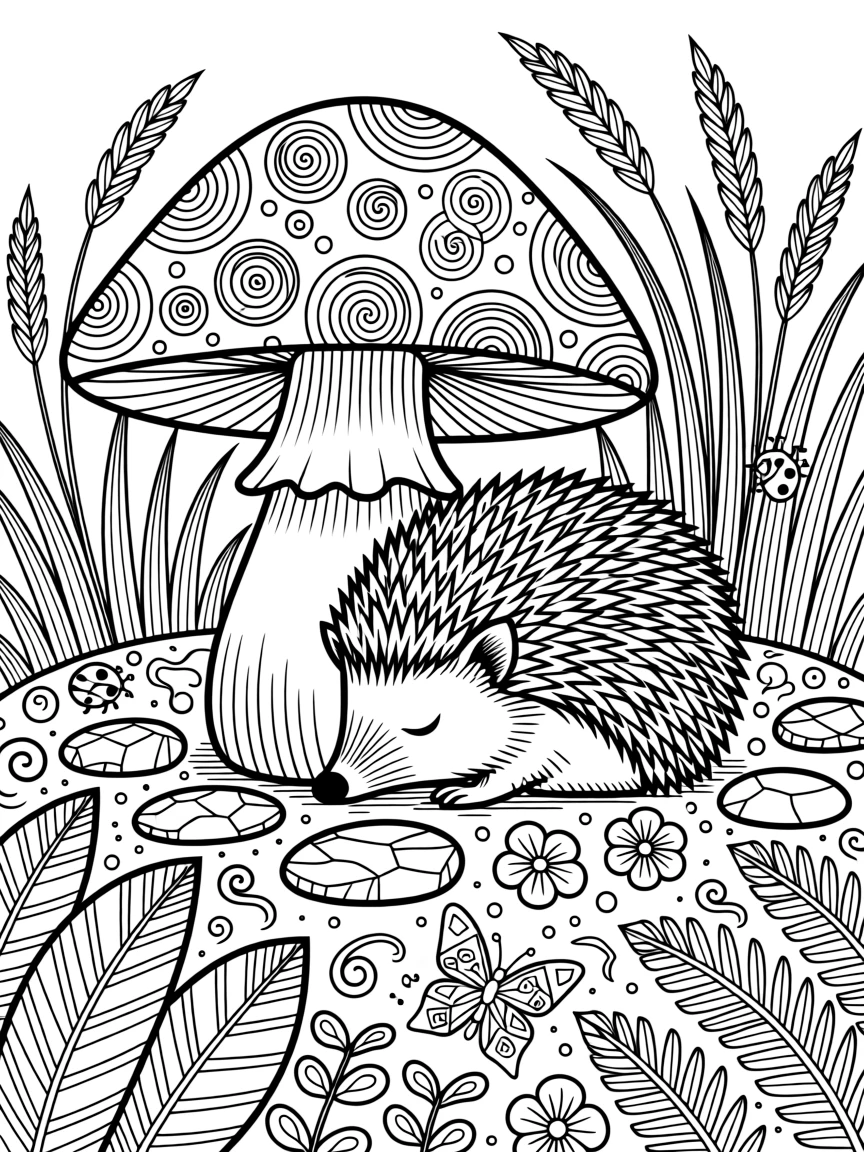 A hedgehog curled beneath a mushroom in a garden setting.