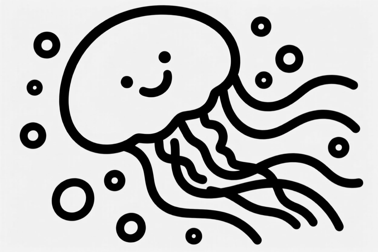 A round jellyfish creature with a friendly smiling face floating among bubbles.