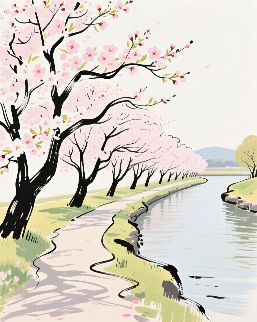 A row of blooming cherry blossom trees along a quiet riverside path.