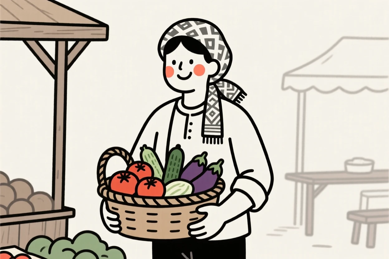 A farmer of iranian heritage holding a basket of vegetables, smiling warmly, at a countryside farmers market.