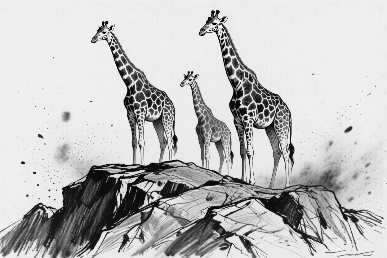 A giraffe family standing alert atop a rocky outcrop.