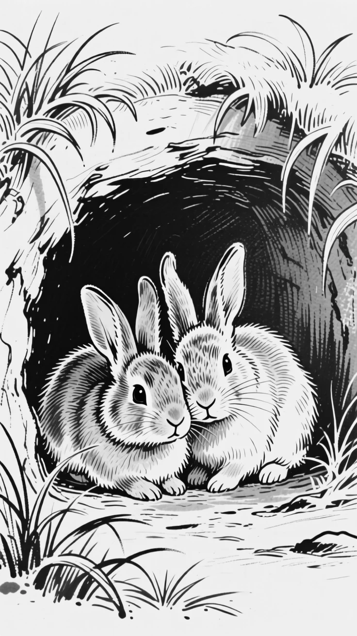 A pair of rabbits nestled together in a burrow lined with soft grass.