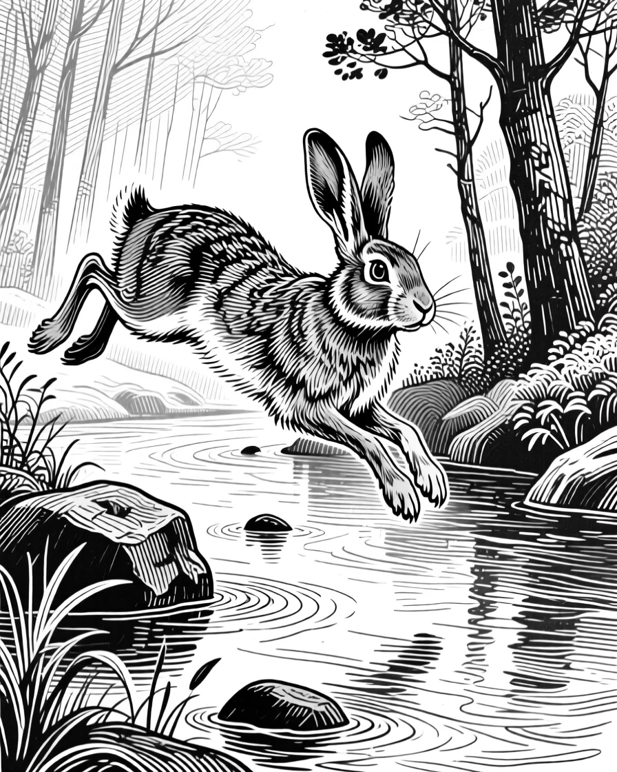 A hare frozen mid-leap beside a calm woodland stream, its fur catching the light, capturing a serene and majestic moment in nature with a strong, centered focal point.