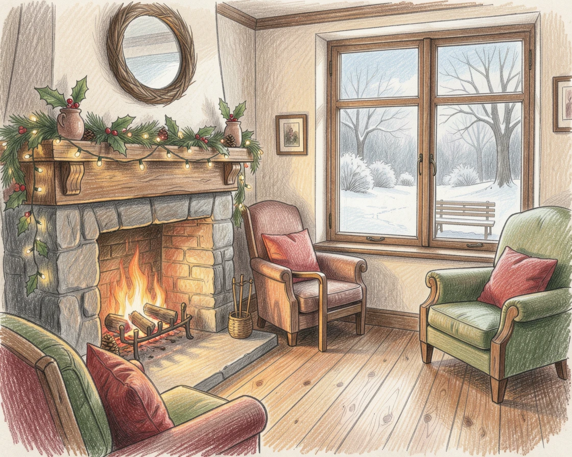 A warm living room decorated for the holidays with a glowing fireplace, with a view of a quiet garden just outside the window, perfect for anyone who loves cottagecore charm.