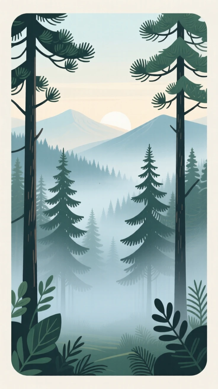 A misty pine forest at dawn, with distant mountains fading into a hazy horizon, framed symmetrically to create a calm, balanced feel, with delicate textures visible in every leaf and petal.