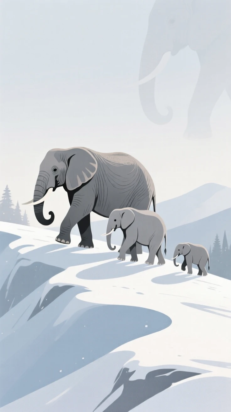 A family of elephants walking together along a snowy ridge.