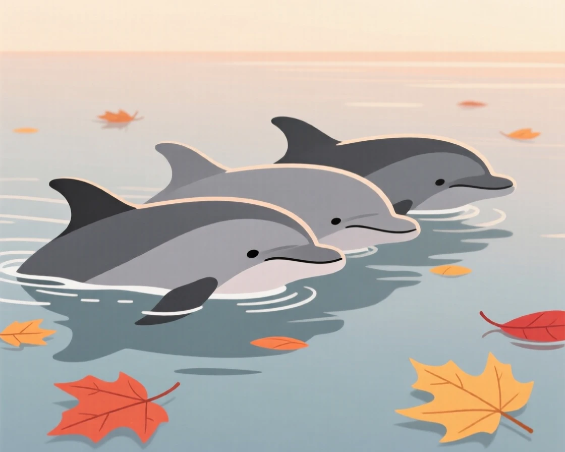 A close-up view of a dolphin pod waking slowly at dawn, surrounded by scattered autumn leaves, full of calm contentment.