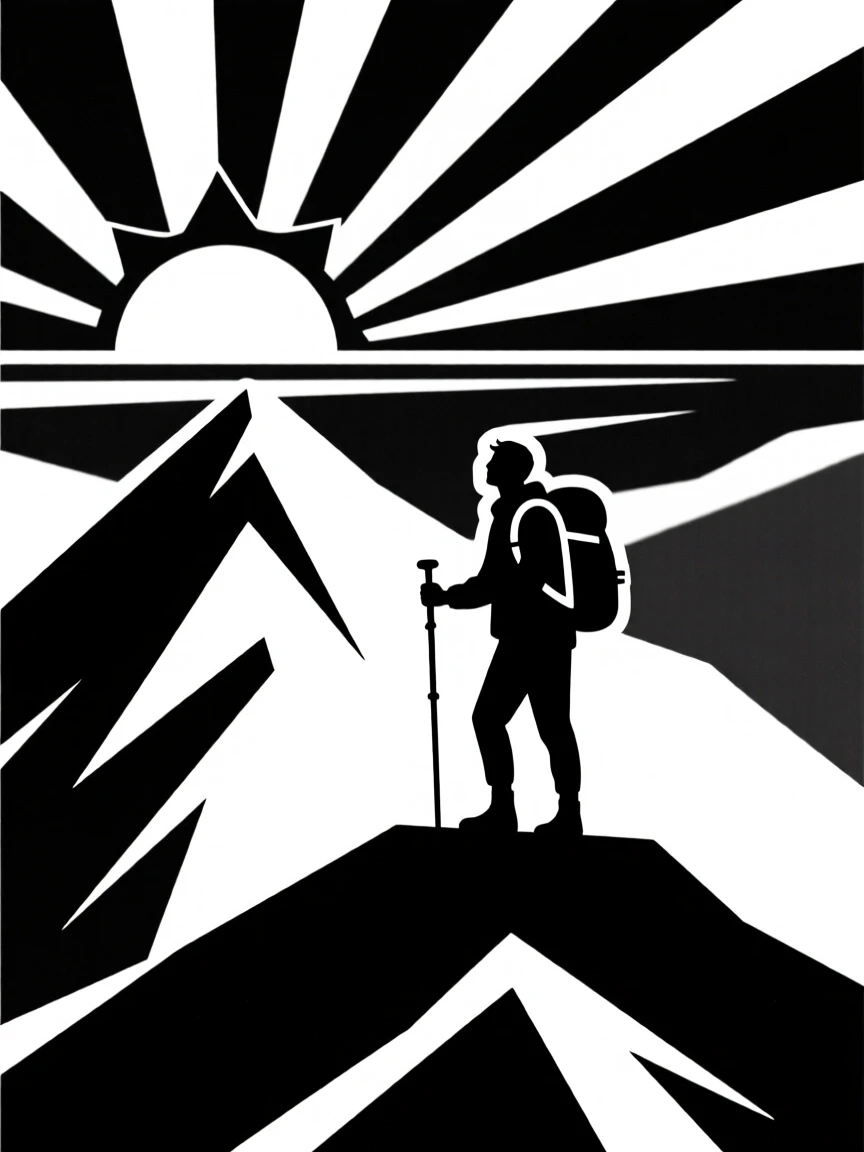 A hiker reaching a mountain summit at sunrise.