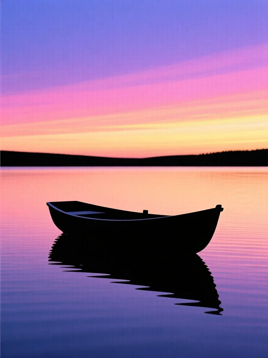 A single small boat resting on a perfectly still lake at dawn.