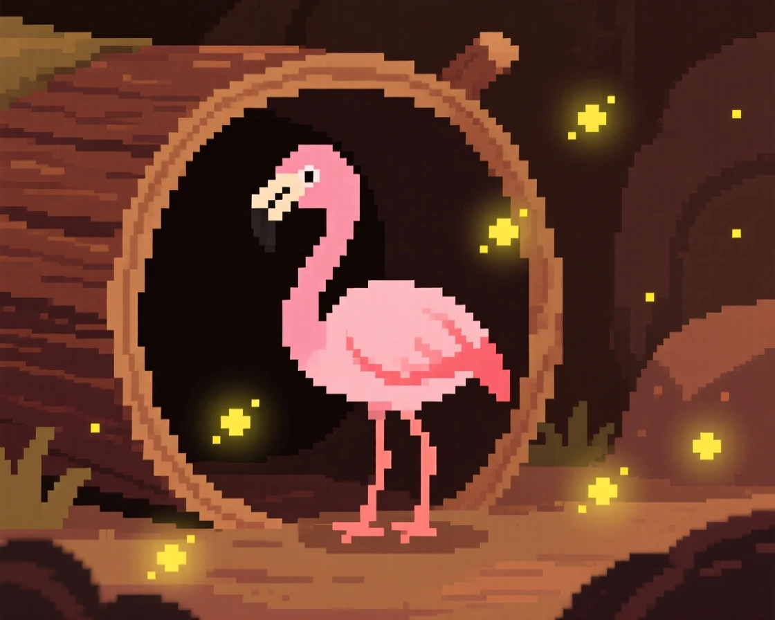 A baby flamingo learning to stand peeking out of a hollow log, inside a cozy burrow lit by fireflies.